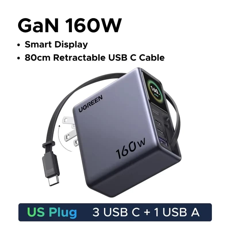 160W GaN Ladegerät mit ausziehbarem Kabel und Display