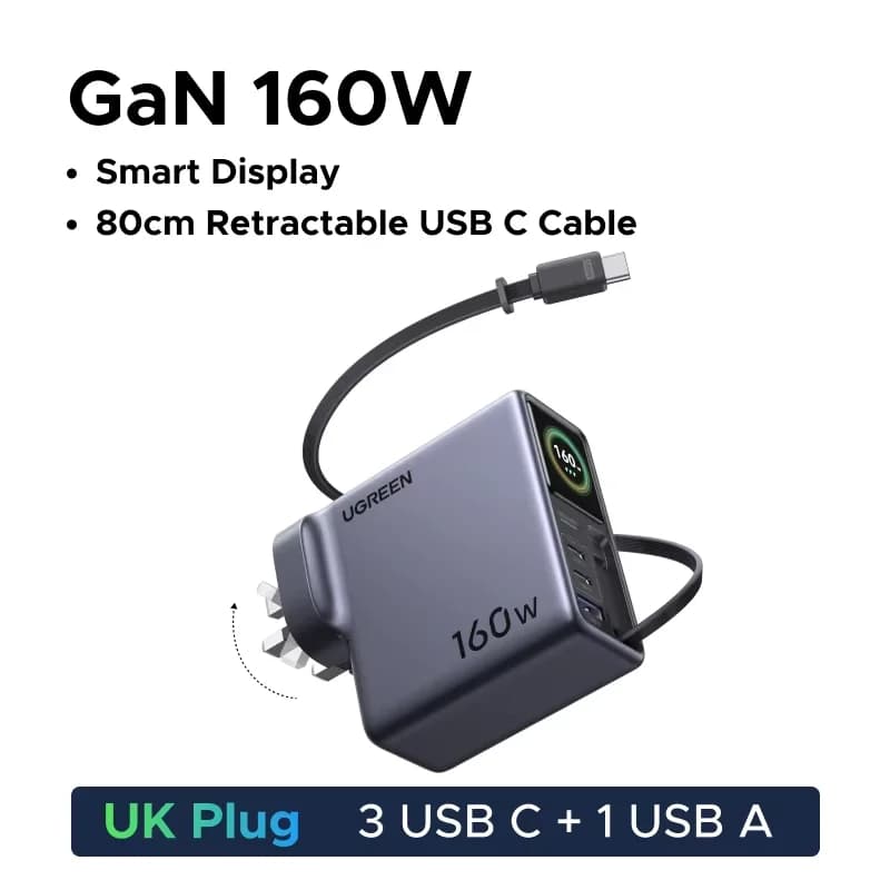 160W GaN Ladegerät mit ausziehbarem Kabel und Display