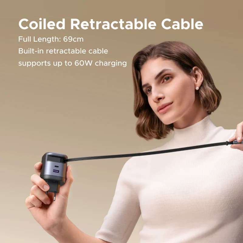 65W GaN-Ladegerät mit einziehbarem USB-C-Kabel