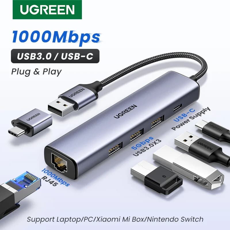 USB-C Ethernet Adapter mit 1000Mbps RJ45 und USB Hub