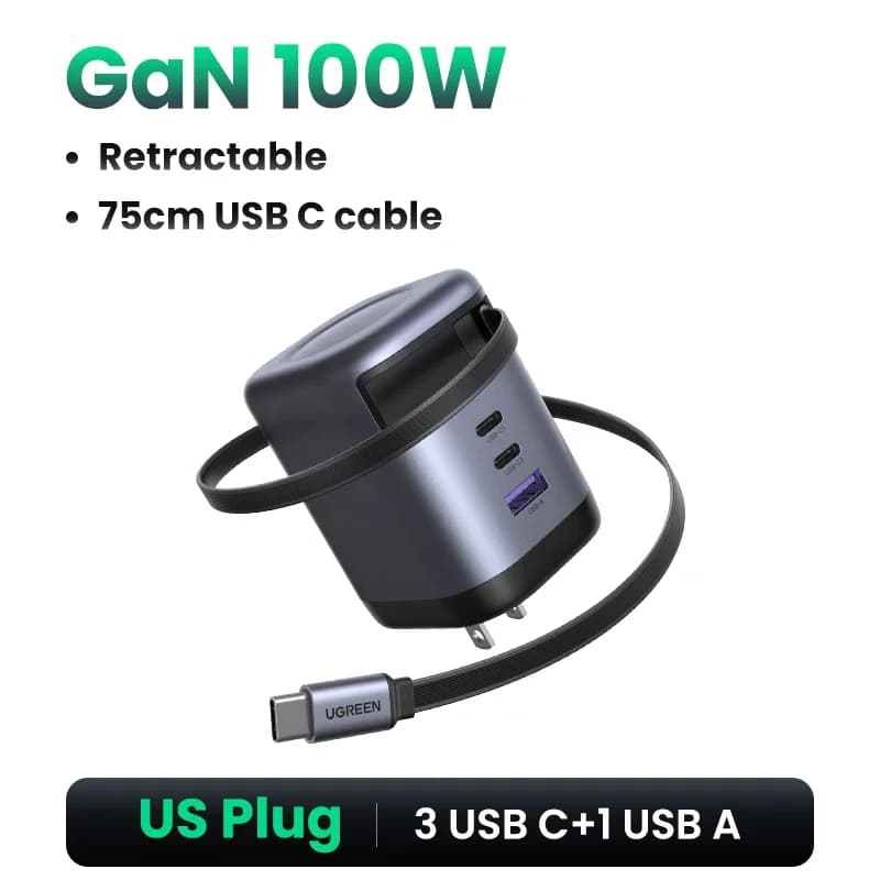 65W GaN-Ladegerät mit einziehbarem USB-C-Kabel