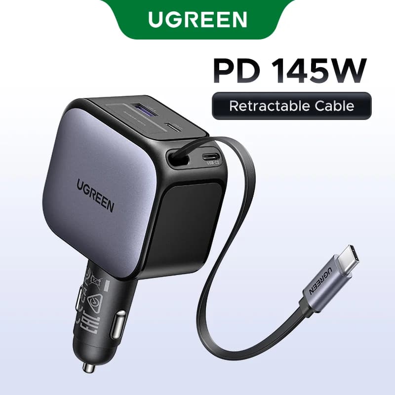 145W Autoladegerät mit 3 USB-C-Anschlüssen und einziehbarem Kabel
