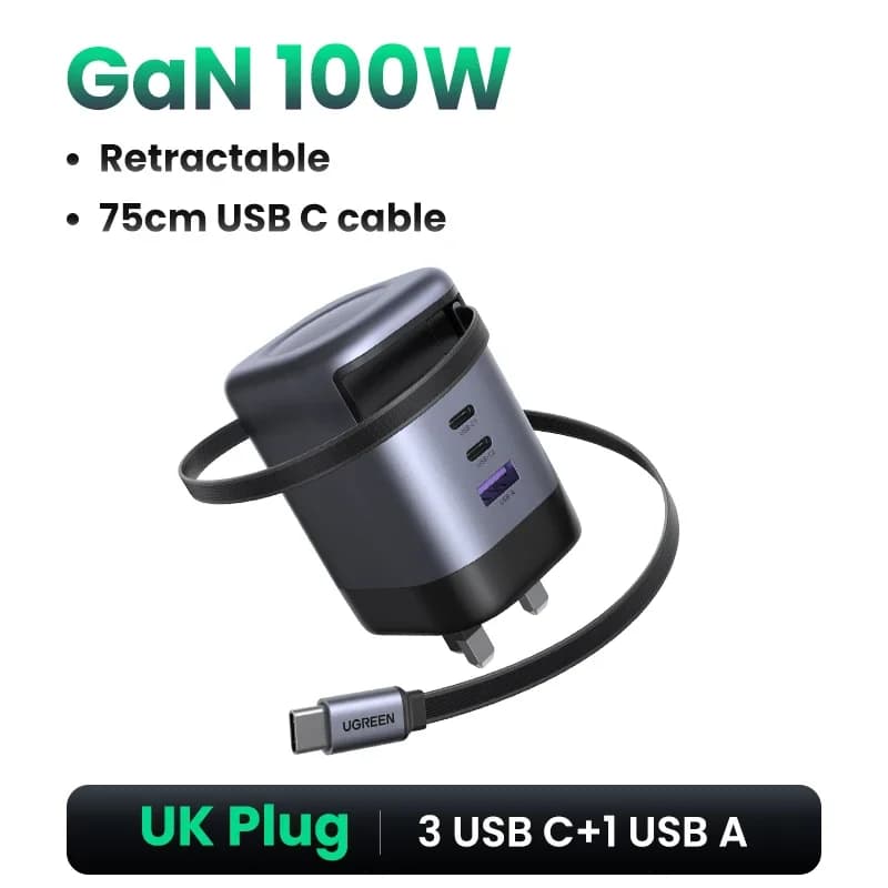 65W GaN-Ladegerät mit einziehbarem USB-C-Kabel