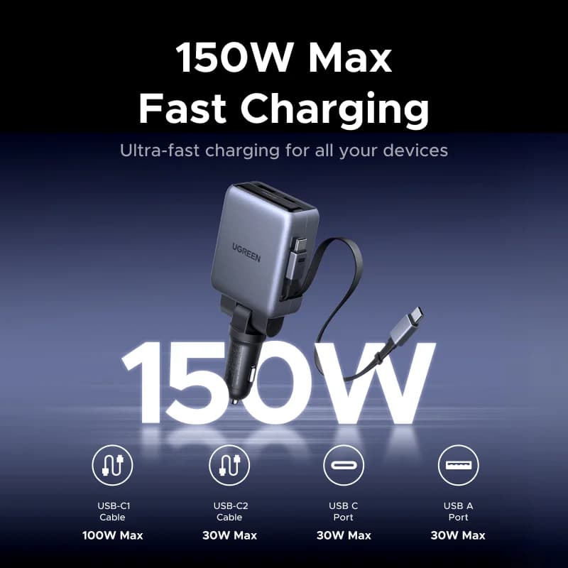 150W Auto-Ladegerät mit Einzugskabeln