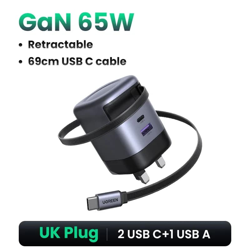 65W GaN-Ladegerät mit einziehbarem USB-C-Kabel