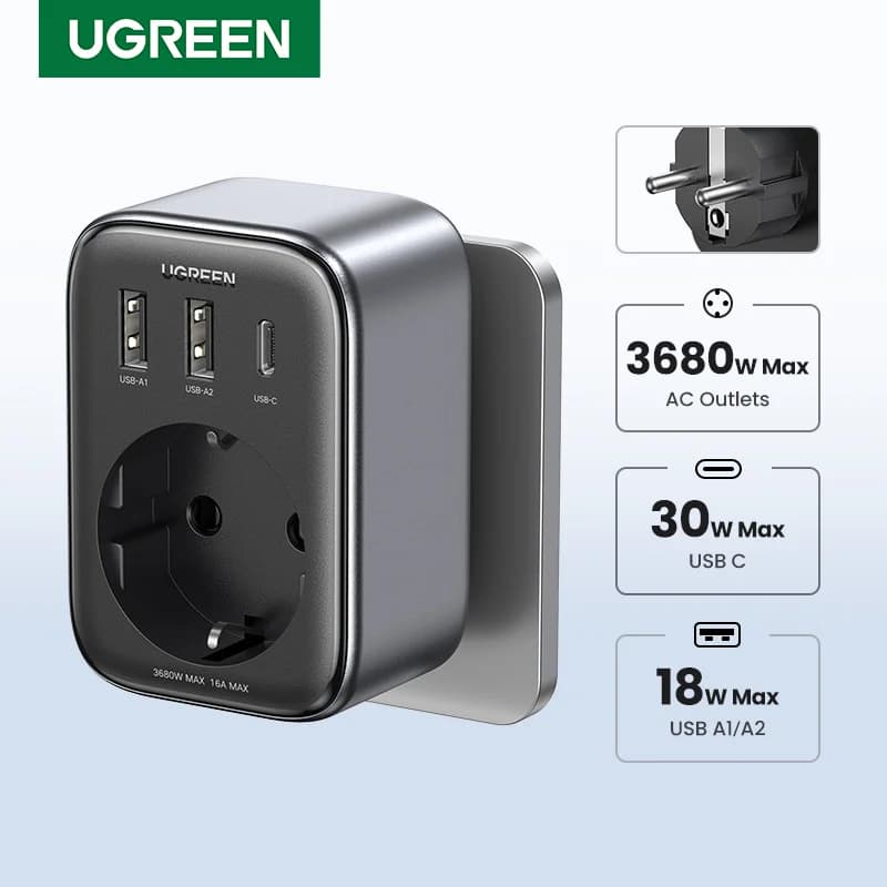 30W GaN PD-Ladegerät mit Steckdosen und USB-Anschlüssen